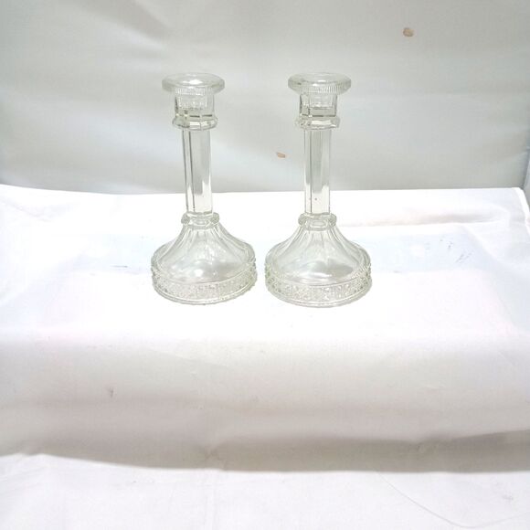 VTG Set of Two (2) Clear Glass Taper Candlesticks Eight-Sided with Raised Beaded - Picture 3 of 3